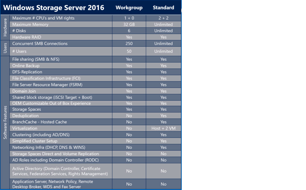 Windows Storage Server 2016 Standard Versus Workgroup High Rely